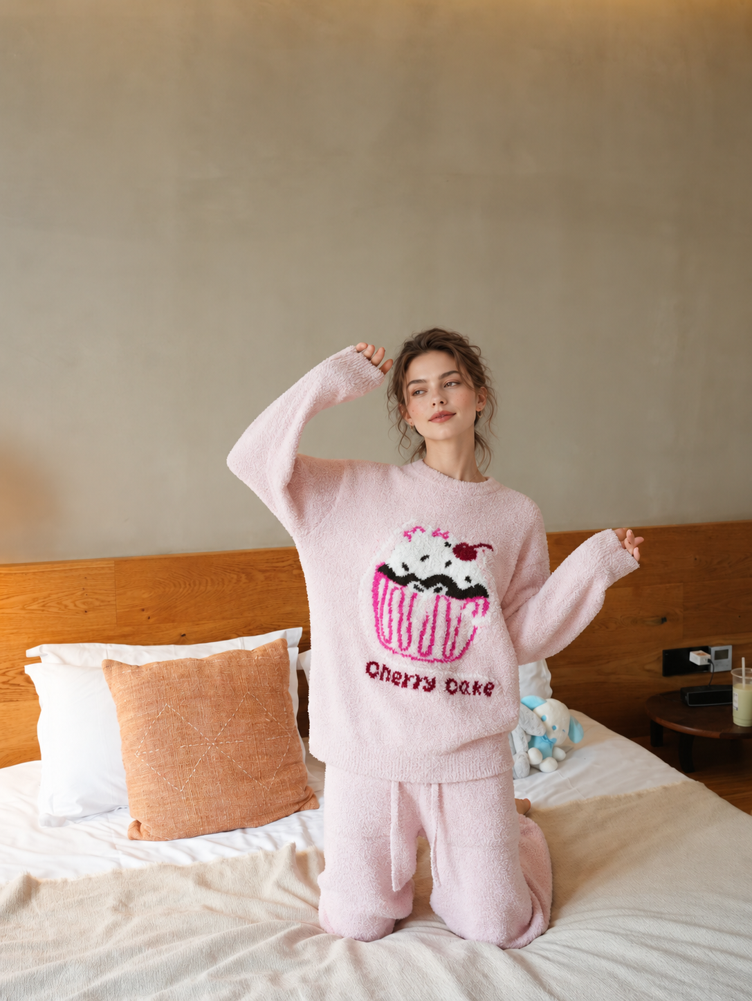 Women's Pink Half Fleece Sleepwear Set Top Detail, Crew Neck Long Sleeve, Cherry Cupcake Pattern with Lettering, Half Fleece Texture