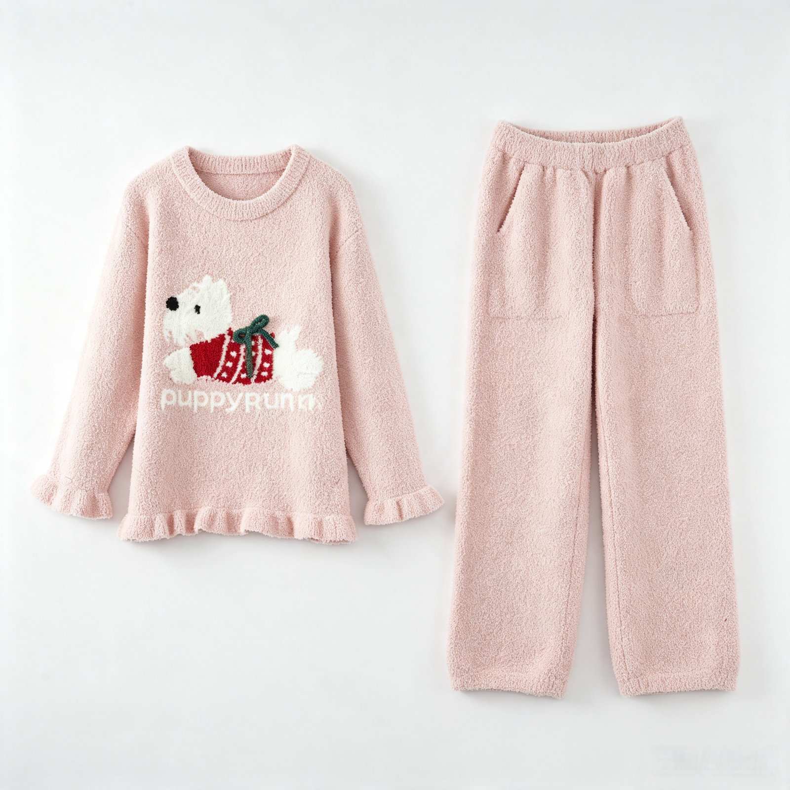Women's Pink and White Half Fleece Sleepwear Set, Crew Neck Long Sleeve Pullover Top & Elastic Waist Wide Leg Pants, Puppy with Bow Jacquard Detail, Ruffled Hem Design