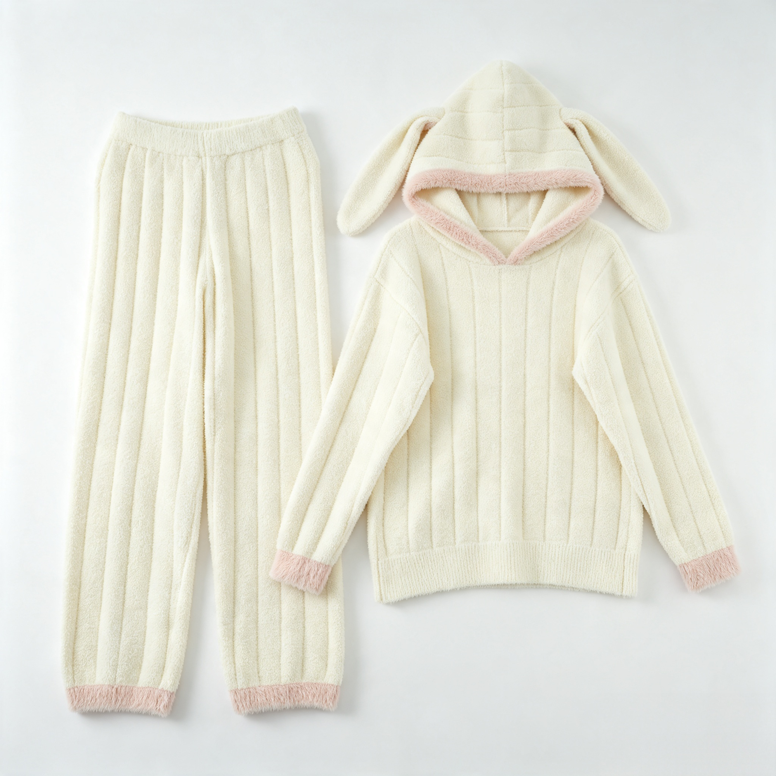 Women's Off-White and Pink Half Fleece Sleepwear Set, Bunny Ear Hooded Full Button Long Sleeve Top & Wide Leg Pants, Vertical Ribbed Knit, Chest Heart Embellishment
