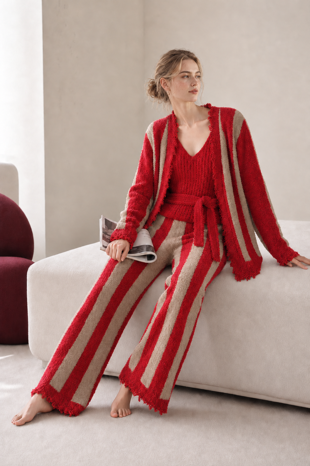Women's Red & Khaki Half Fleece Pajama Set, 3-Piece Vertical Stripe Frayed Edge Cardigan & Wide Leg Trousers, Side Angled View