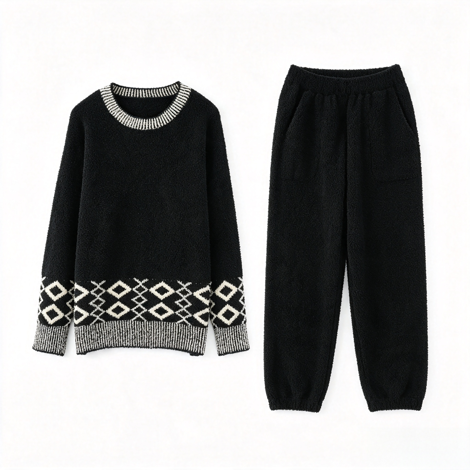 Women's Black Half Fleece Pajama Set, Diamond Jacquard Long Sleeve Crew Neck Top & Elastic Waist Pants, Full Body Front View