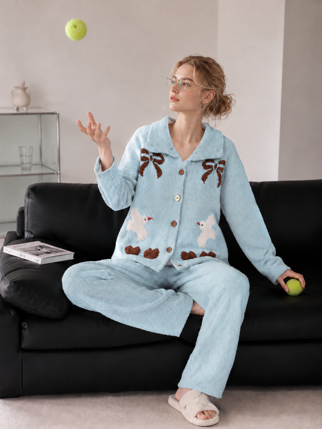 Women's Light Blue Half Fleece Loungewear Set, Pajama Collar Long Sleeve Button Top & Wide Leg Pants, Bow Heart Dove Jacquard Pattern