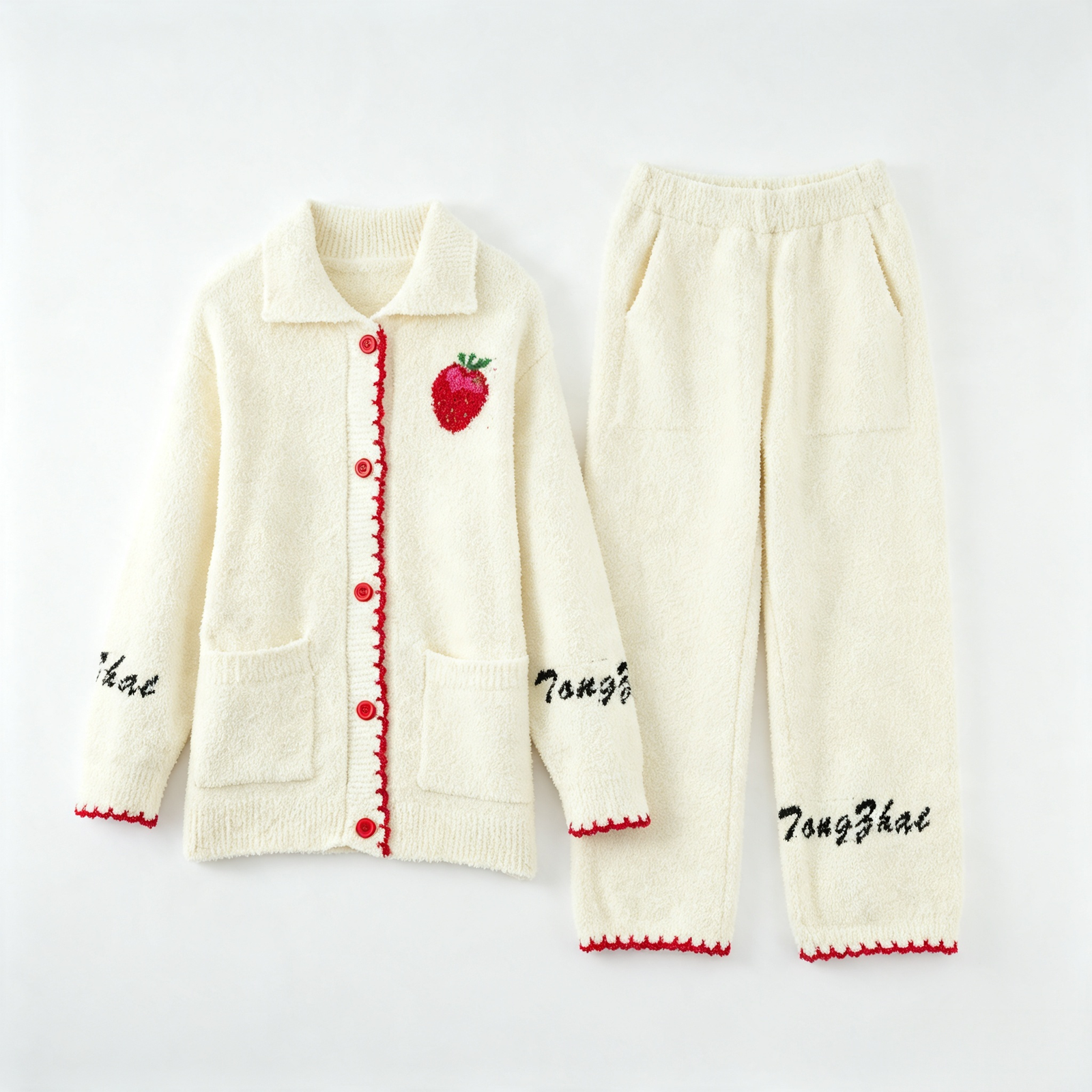 Women's Off-White Half Fleece Sleepwear Set, Shirt Collar Button Front Long Sleeve Top & Elastic Waist Wide Leg Pants, Strawberry Embroidery, Contrast Shell Edge Trim & Front Pockets