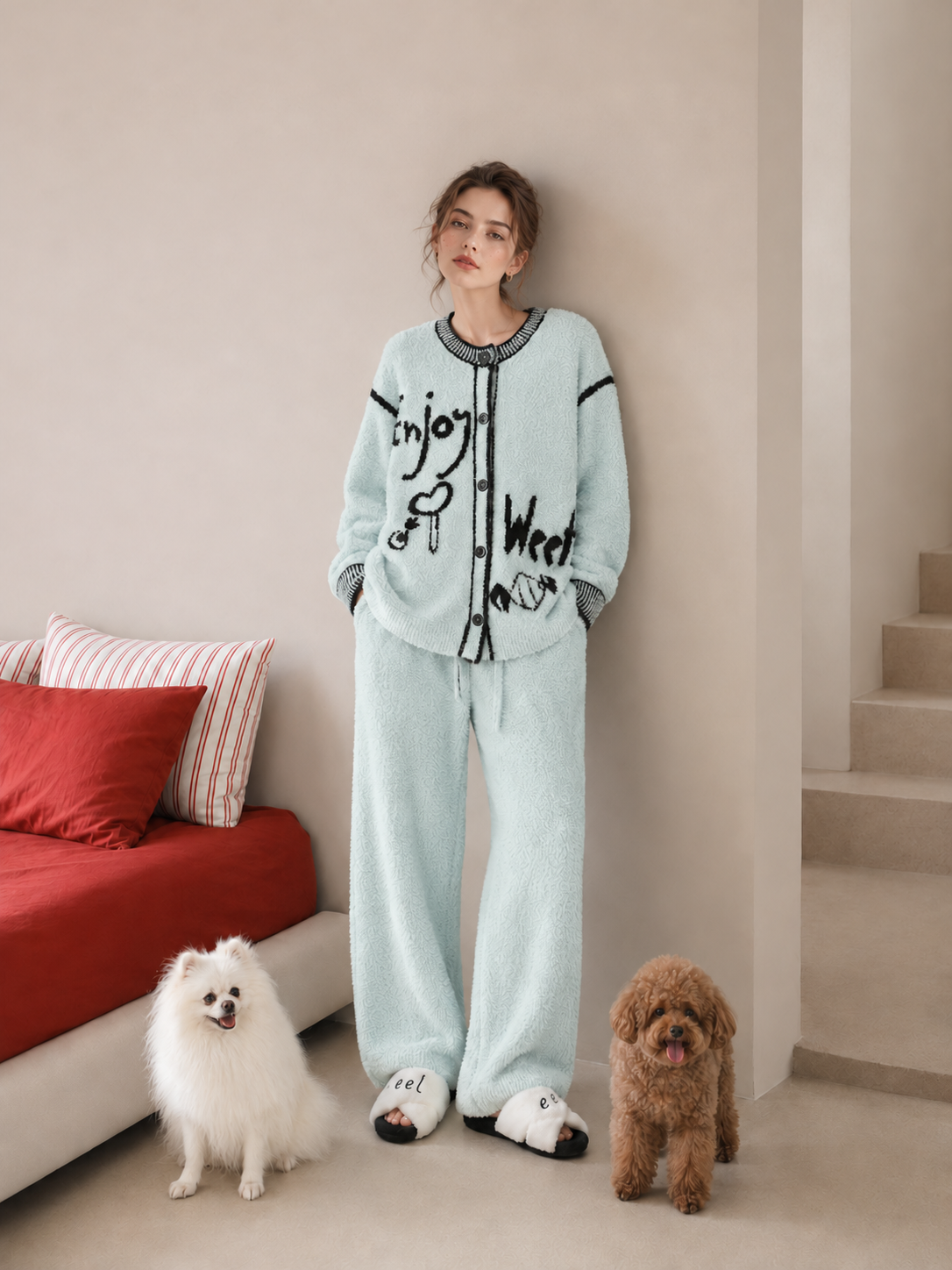 Light Blue Half Fleece Loungewear Set, Button Front Long Sleeve Top with Graffiti Jacquard, Elastic Drawstring Waist Pants