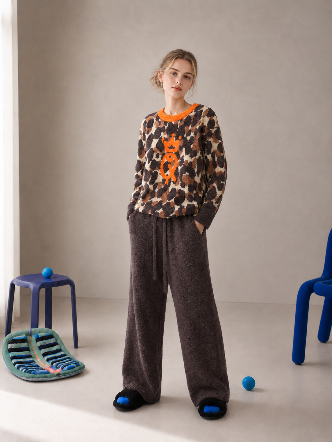 Leopard Print Half Fleece Two-Piece Pajama Set, Orange Contrast Collar Top with Crown Motif, Drawstring Long Pants with Pockets