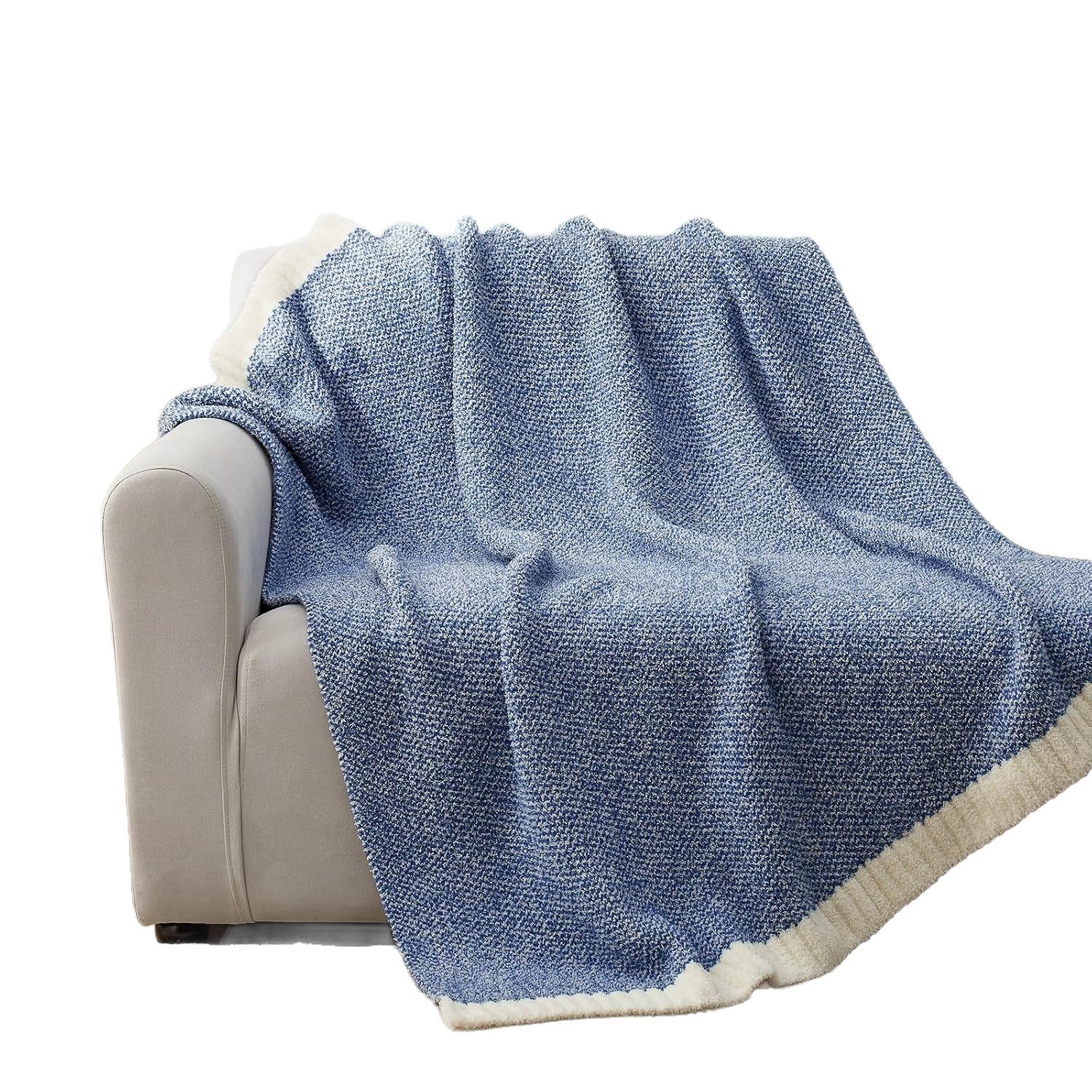 Blue Half Fleece Throw Blanket, Heathered Knit Texture, Contrast Cream Trim Edge