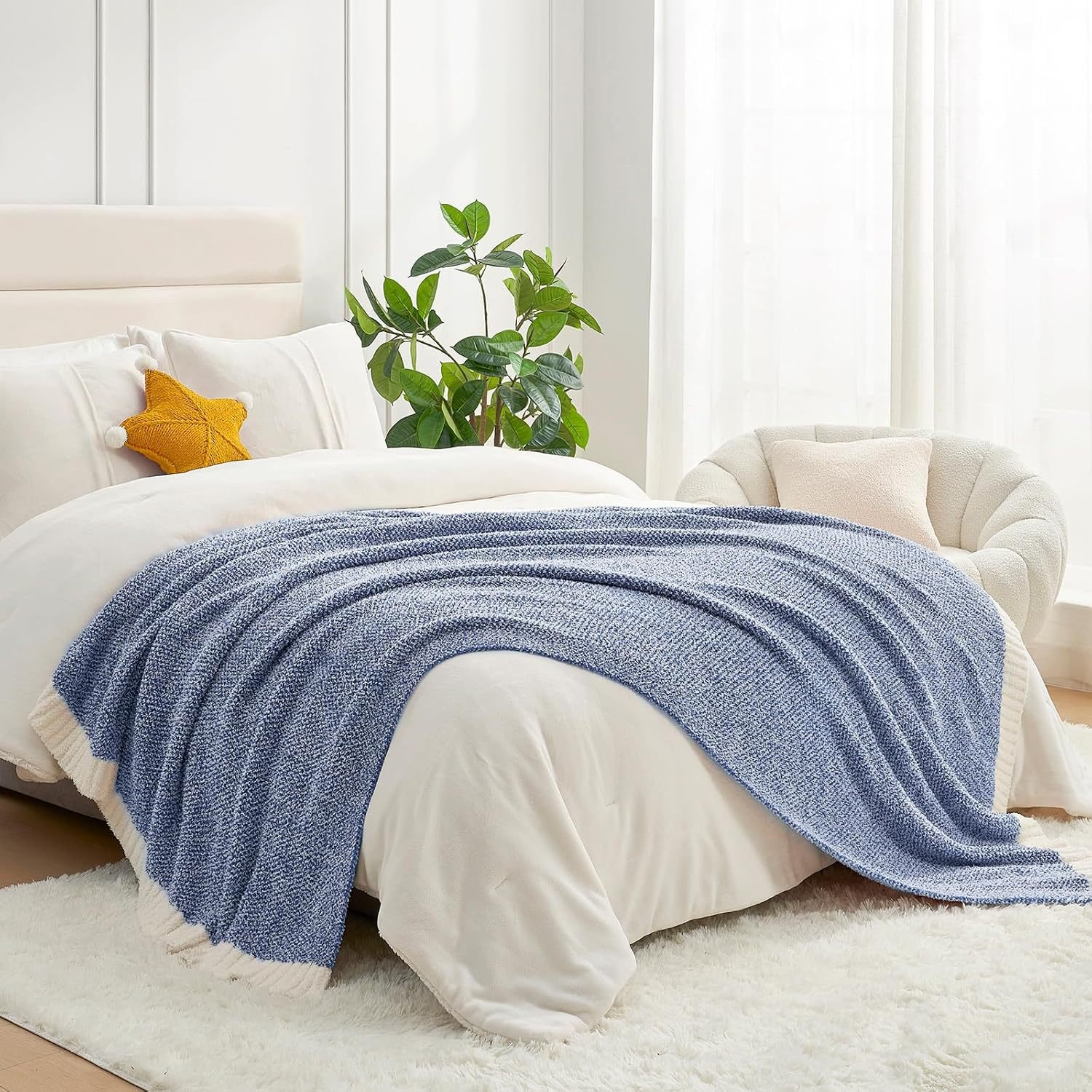 Blue Heathered Half Fleece Throw Blanket, Textured Knit with Cream Ribbed Border