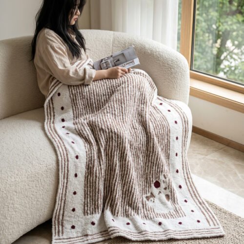 Beige & Brown Half Fleece Knitted Throw Blanket with Stripe Pattern and Polka Dot Border, Full View