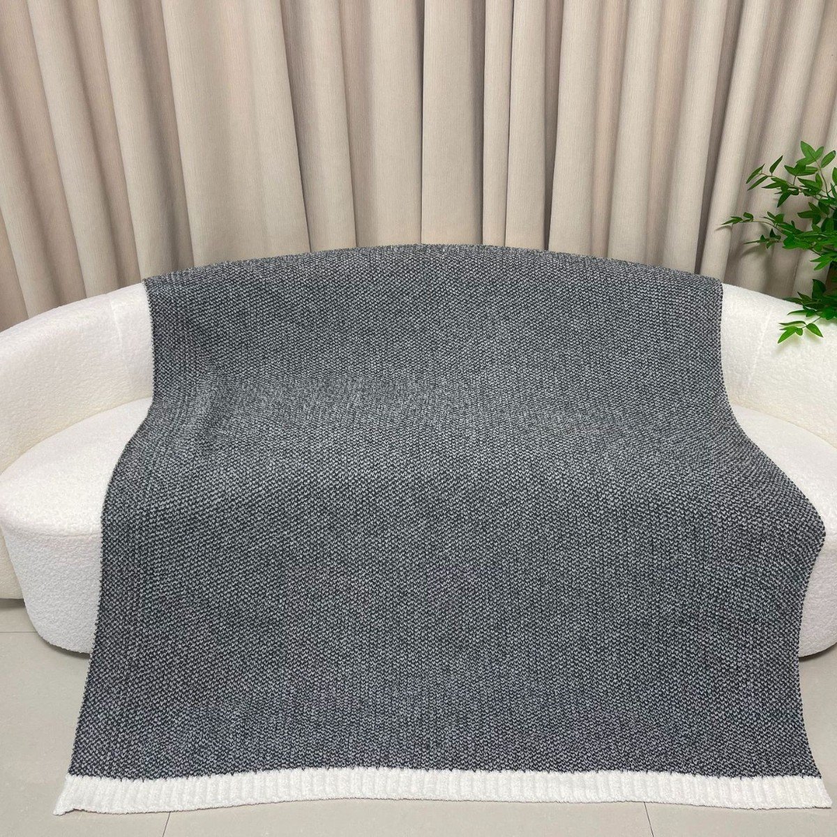 Heathered Dark Gray Half Fleece Knitted Throw Blanket with White Ribbed Border