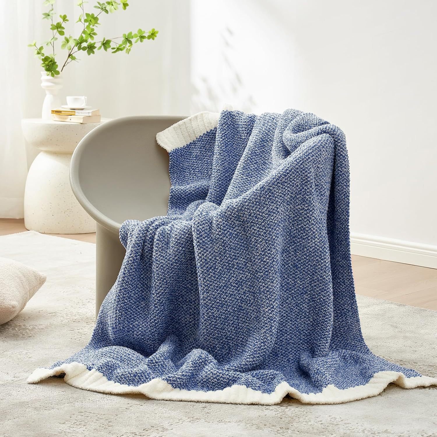 Blue Textured Half Fleece Throw Blanket, Knitted Weave with Contrast White Border