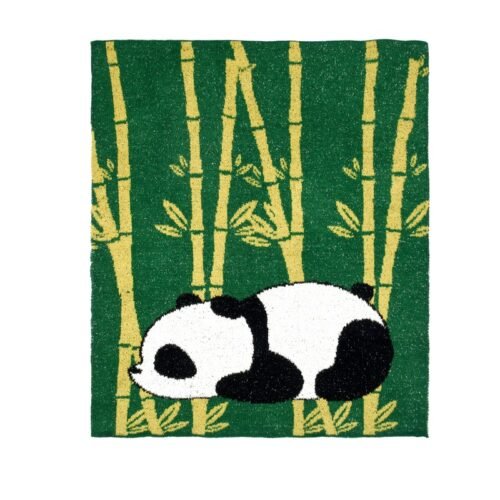 Jacquard Knitted Half Fleece Throw Blanket, Green Base with Yellow Bamboo & Black White Panda Pattern, Full Flat Front View