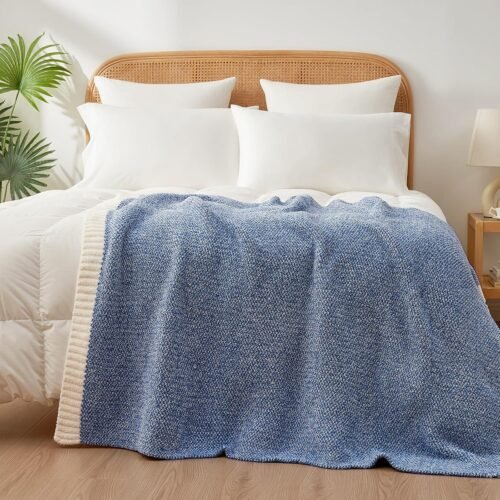 Blue Heathered Half Fleece Bed Throw Blanket, Soft Knit with Cream Ribbed Hem