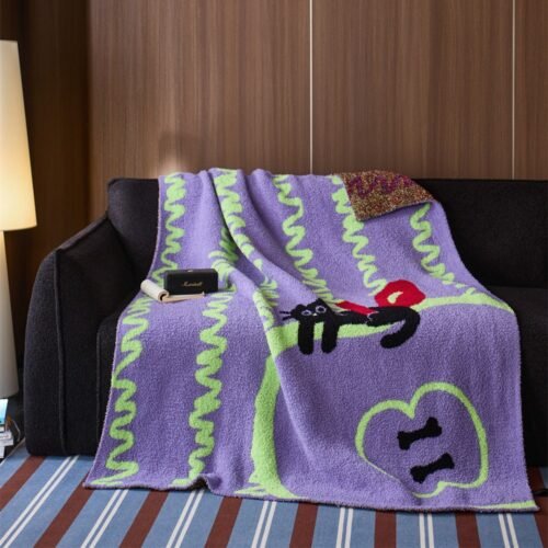 Jacquard Knitted Half Fleece Throw Blanket, Purple Base with Lime Green Wavy Stripes & Black Cat Pattern, Draped View