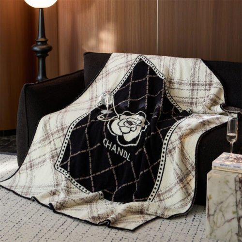 Jacquard Knitted Half Fleece Throw Blanket, Black Camellia Lattice Pattern with Plaid Trim, Full Draped Display