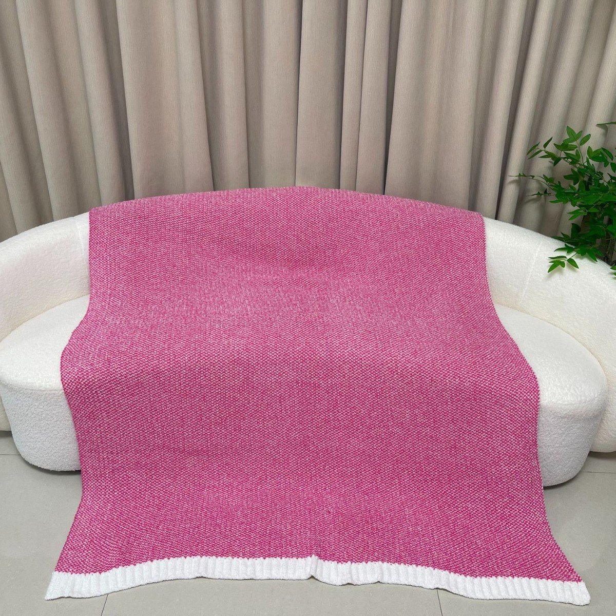 Hot Pink Heathered Half Fleece Throw Blanket, Textured Knit with White Ribbed Border