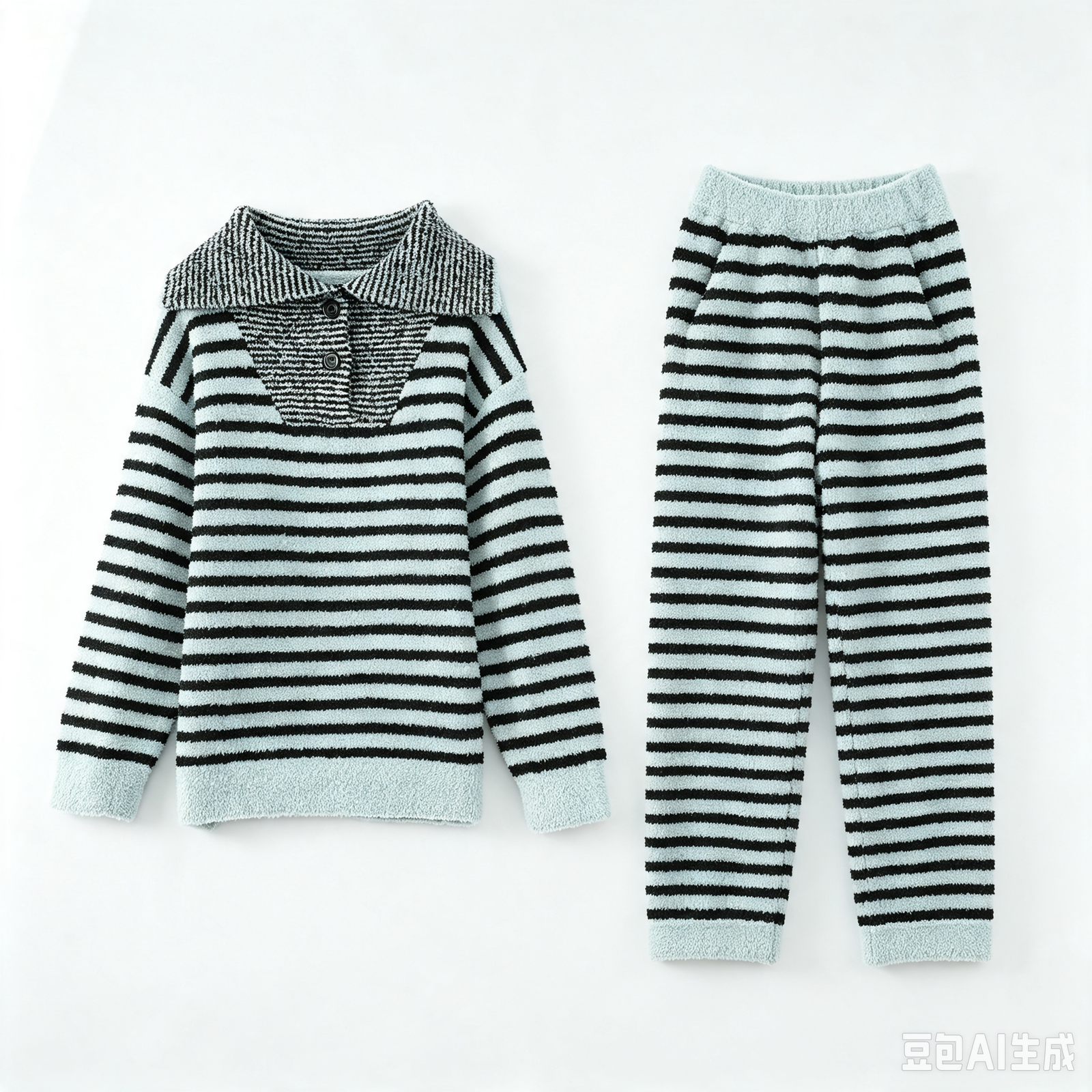Women's Light Blue Striped Half Fleece Sleepwear Set Detail, Contrast Collar Half-Button Top, Stripe Pattern, Ribbed Cuff Detail