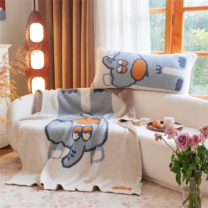 Jacquard Half Fleece Throw Blanket, Oatmeal Base with Blue Cartoon Elephant Pattern, Sofa Spread View
