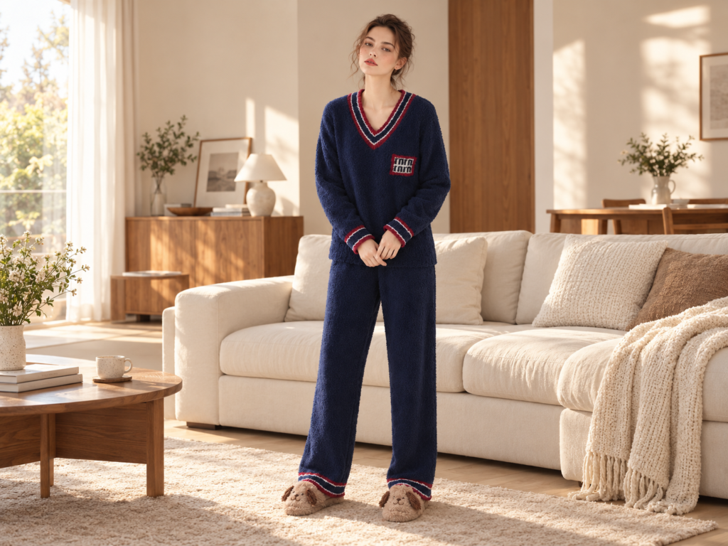 Illustrative daytime scene of a model wearing the navy V-neck fleece set with straight-leg pants