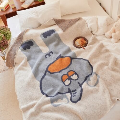 Jacquard Half Fleece Throw Blanket, Oatmeal Base with Blue Cartoon Elephant Pattern, Full Draped View