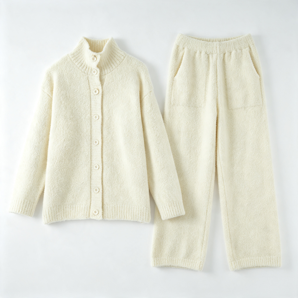 Cream half-velvet cardigan pajama set laid flat
