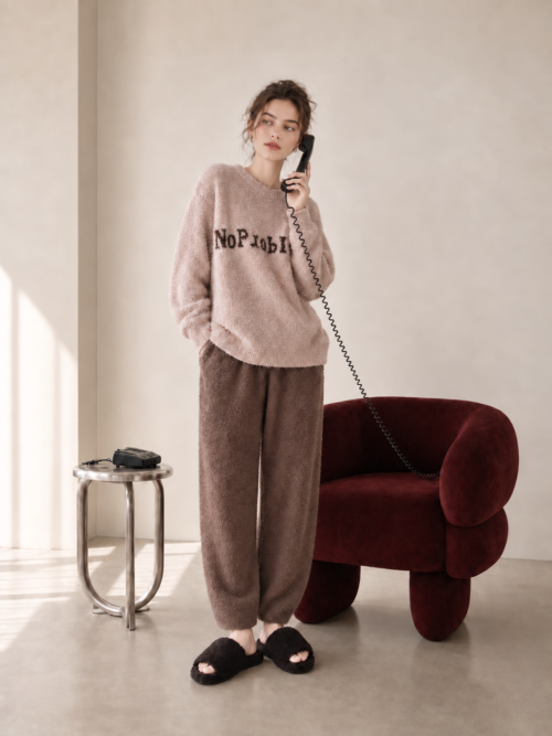 Women's mocha letter jacquard crew neck half fleece pajama set with cuffed jogger pants, full body view