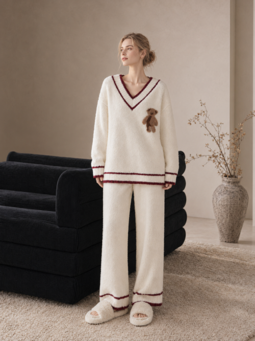cream teddy bear v neck pajamas full body view