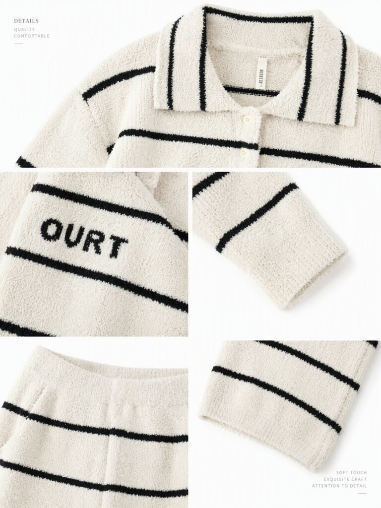 Detail collage of a cream striped half-velvet pajama set with short dense matte pile, lapel collar, chest lettering, cuff and elastic waistband