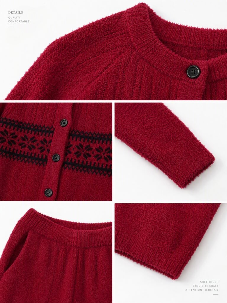 Close-up details of the burgundy GIGIWARM half-velvet Fair Isle cardigan pajama set, showing buttons, ribbed cuff and elastic waistband