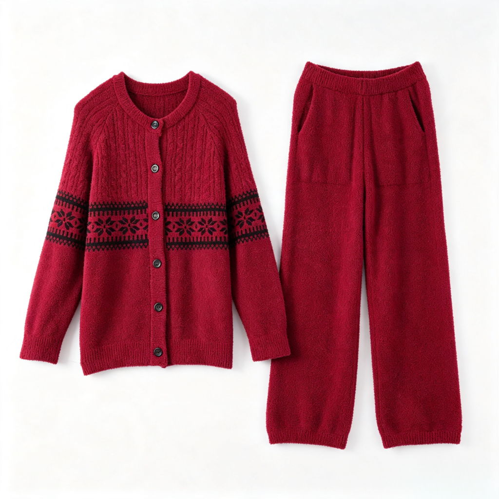 Burgundy GIGIWARM half-velvet Fair Isle cardigan pajama set laid flat