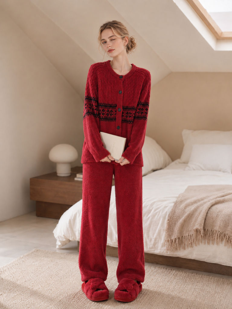 Woman wearing a burgundy half fleece cardigan pajama set with dark Fair Isle bands, full-body front view