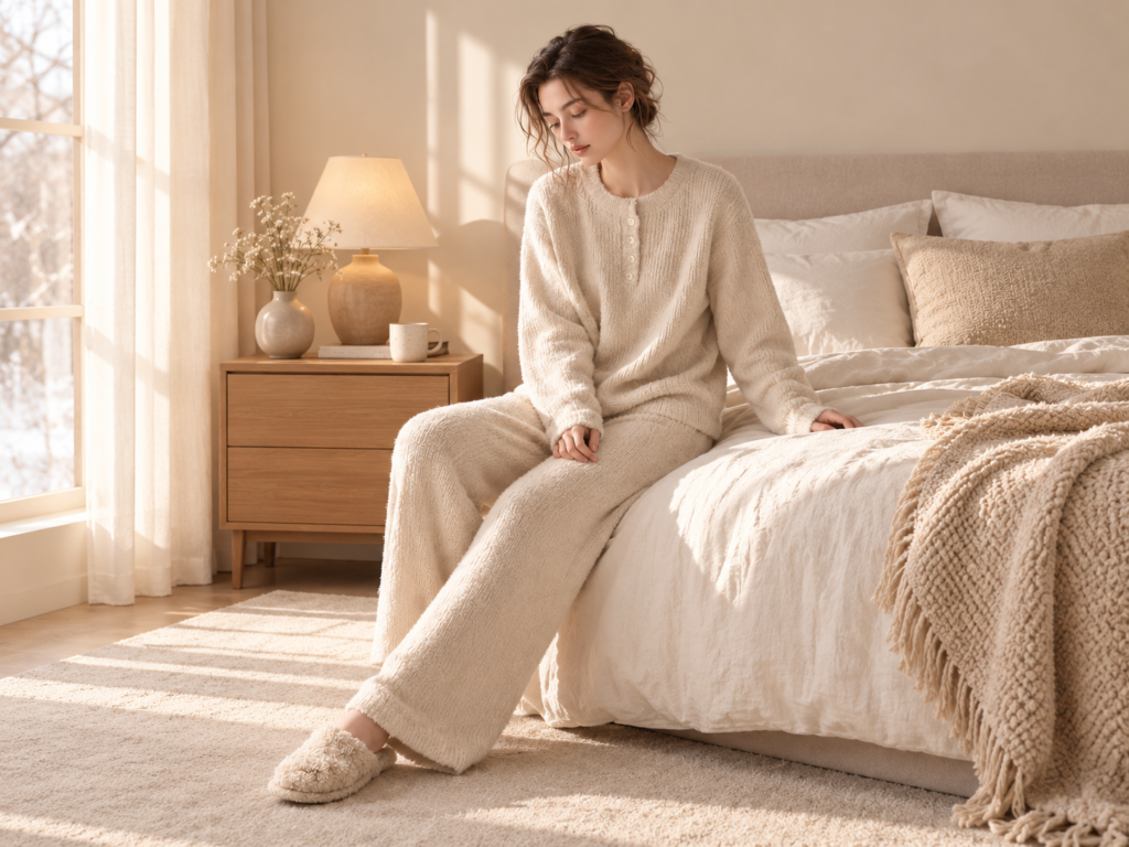 Illustrative morning scene of a model wearing the beige Henley fleece set while seated on a bed
