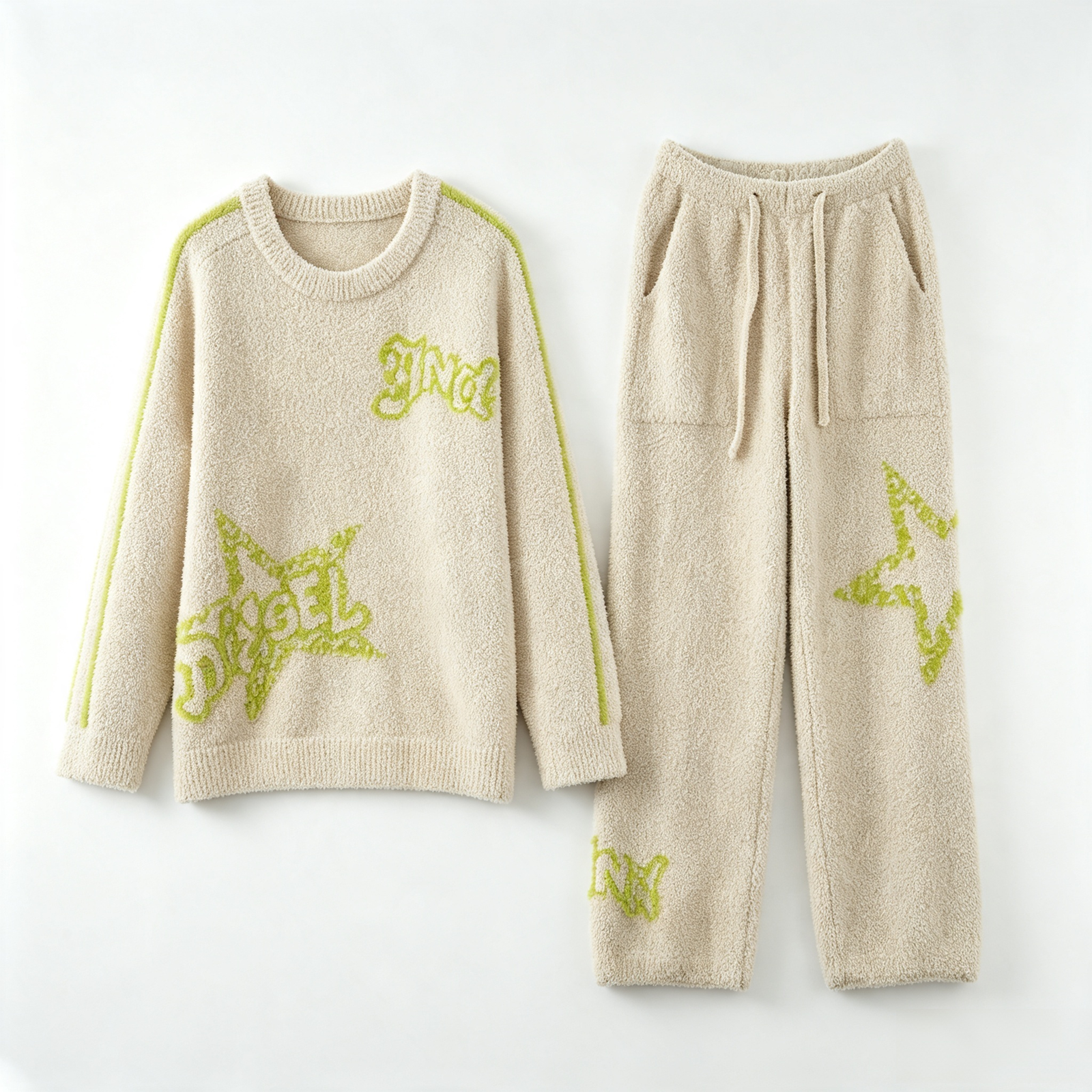 Beige crew-neck fleece top with lime star lettering and matching drawstring pants laid flat on white