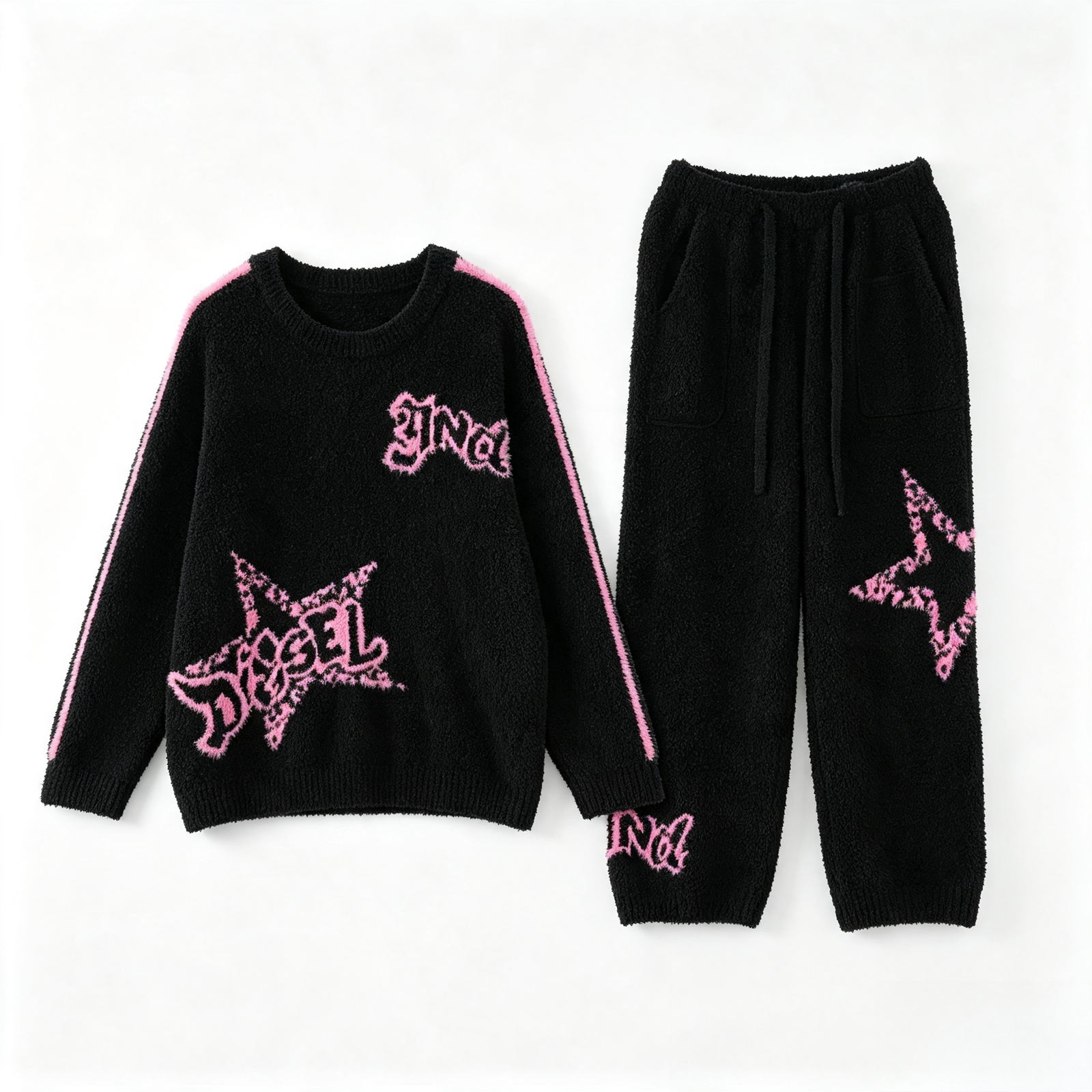 Black crew-neck fleece top with pink star lettering and matching drawstring pants laid flat on white
