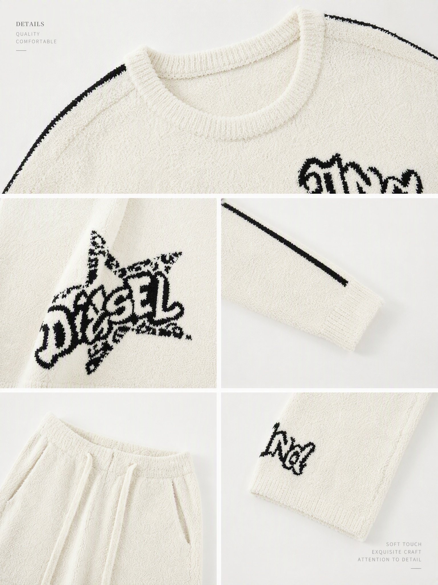 Close-up views of the white fleece crew neckline, black star lettering, sleeve stripe and drawstring waistband