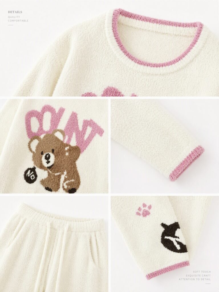 Detail collage of a cream half-velvet pajama set with short dense matte pile, pink ribbed neckline and cuffs, and teddy bear embroidery