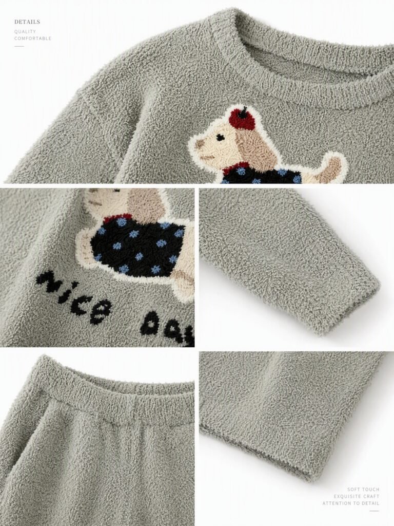 Details of the gray fleece neckline, cartoon dog graphic, ribbed cuff and elastic waistband
