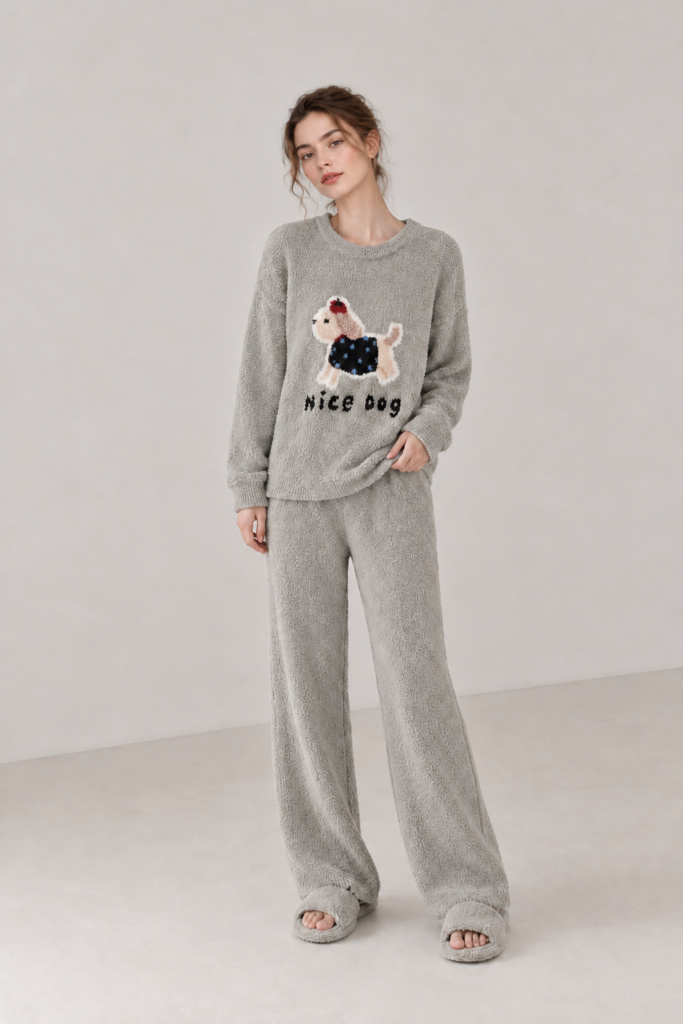 Full-body view of a woman wearing gray nice day dog fleece pajamas with matching wide-leg pants