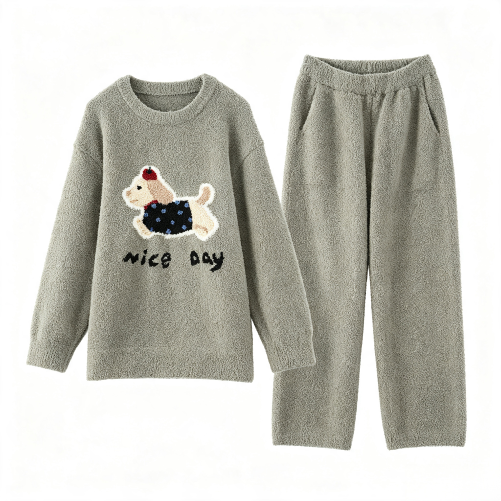 Gray cartoon dog fleece crew-neck top and matching elastic-waist pants laid flat on white
