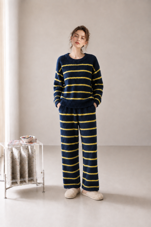 Front full-body view of navy yellow striped fleece crew-neck pajamas