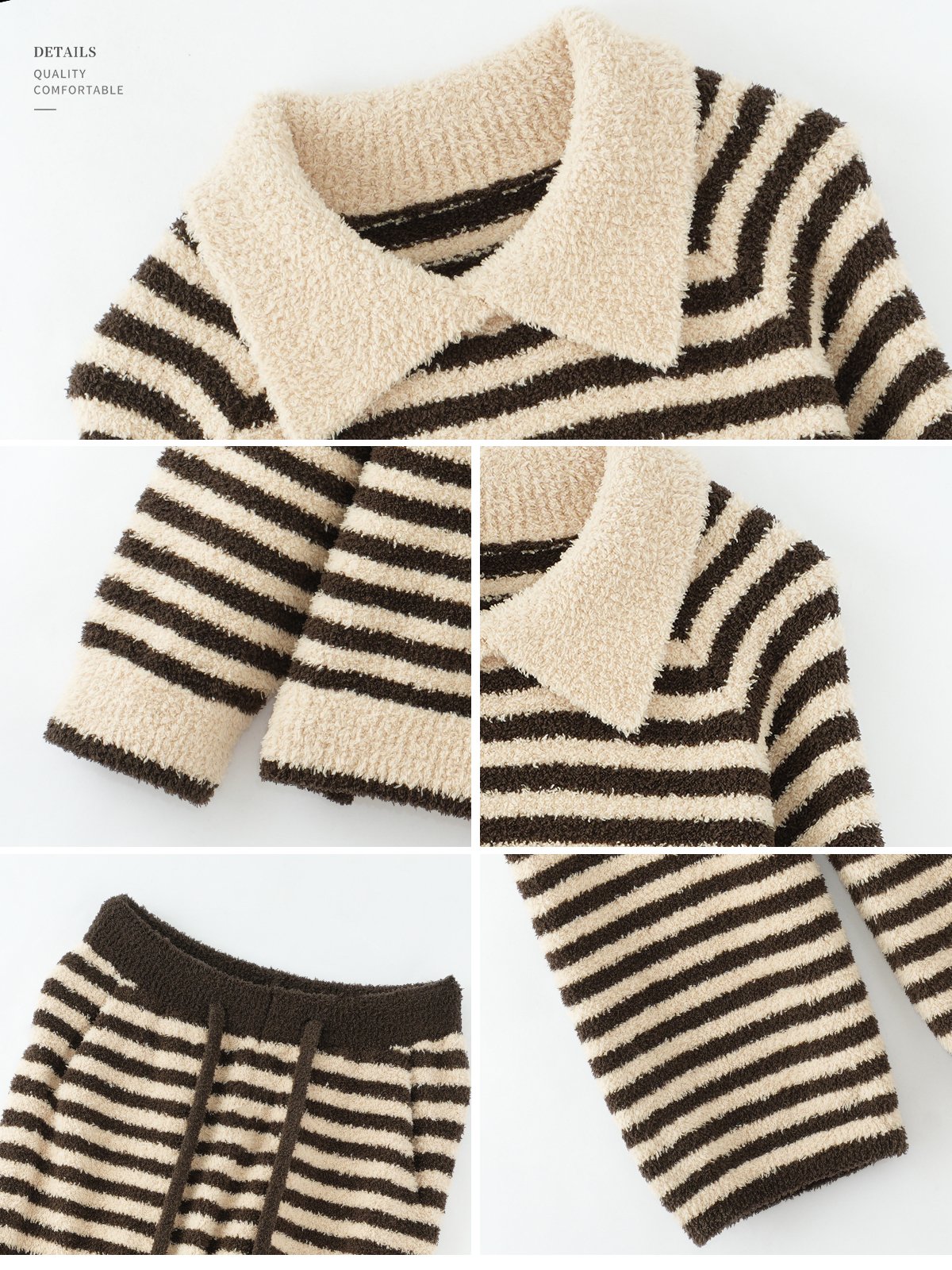 Dark brown and cream striped plush fleece pajama set details with a cream collar, ribbed cuffs, a brown drawstring waistband and side pockets.
