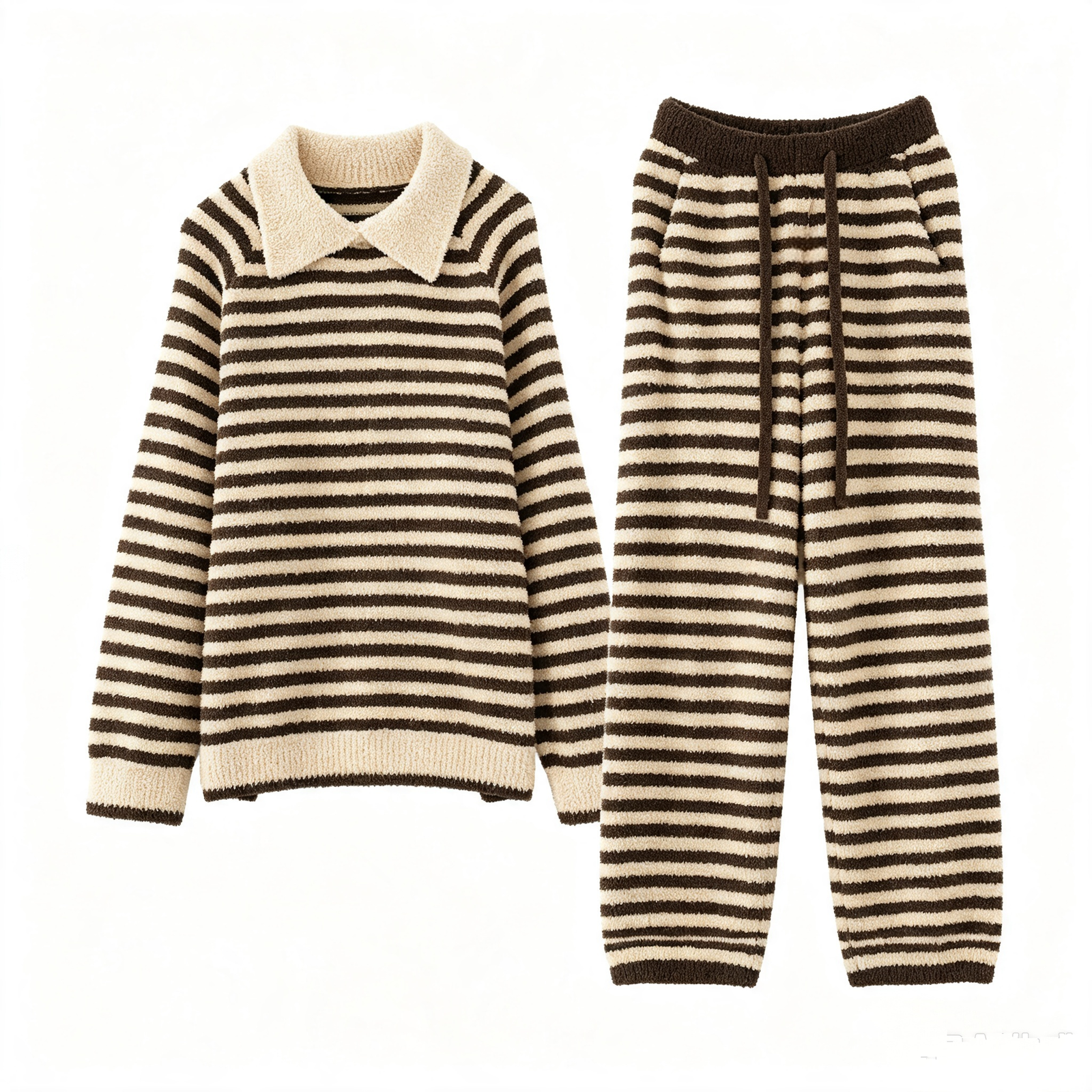 Dark brown and cream striped plush fleece pajama set with a cream-collared pullover, ribbed trim and matching drawstring pants with side pockets.